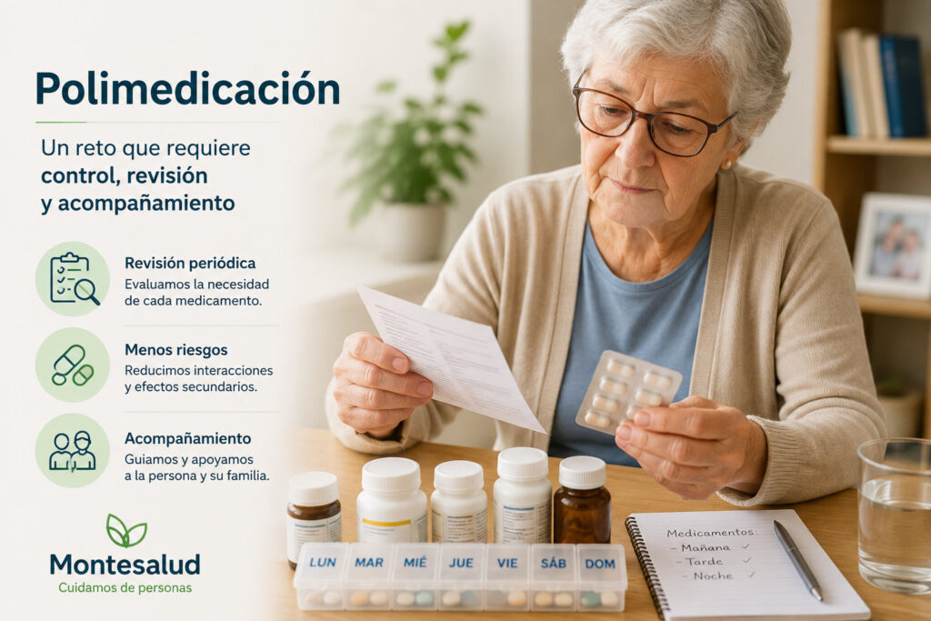 Mujer mayor revisando el prospecto de un medicamento junto a su pastillero semanal