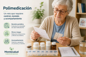 Mujer mayor revisando el prospecto de un medicamento junto a su pastillero semanal