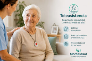 Cuidadora acompañando a una mujer mayor con el colgante de teleasistencia puesto