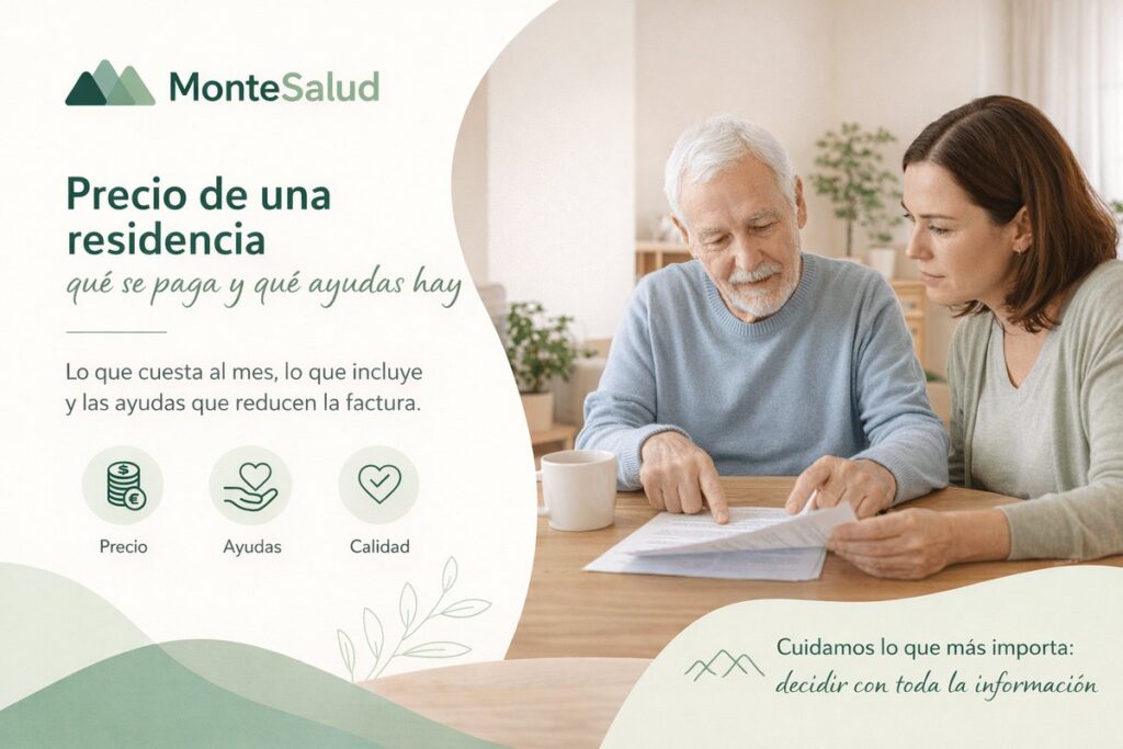 Hija adulta y su padre mayor revisando juntos el presupuesto de una residencia