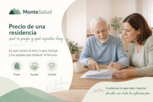 Hija adulta y su padre mayor revisando juntos el presupuesto de una residencia