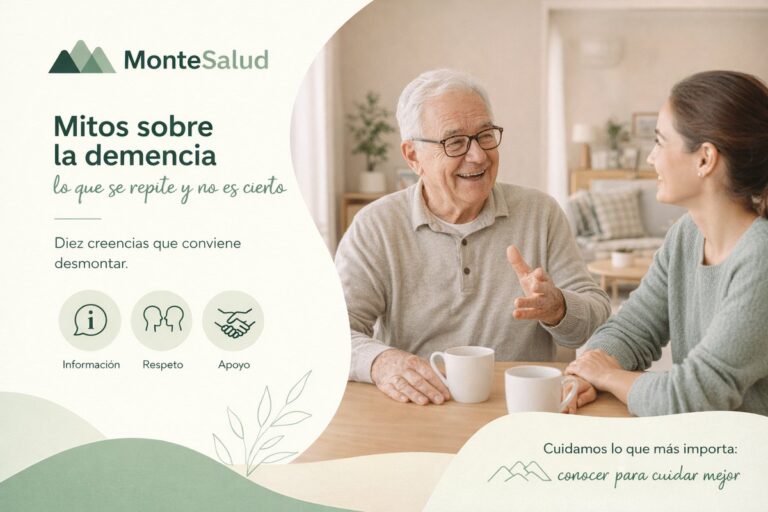 Hombre mayor conversando con su hija en un salón luminoso
