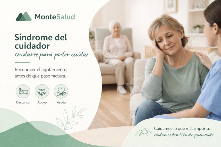 Cuidadora familiar recibiendo el apoyo de una profesional, con su madre mayor al fondo