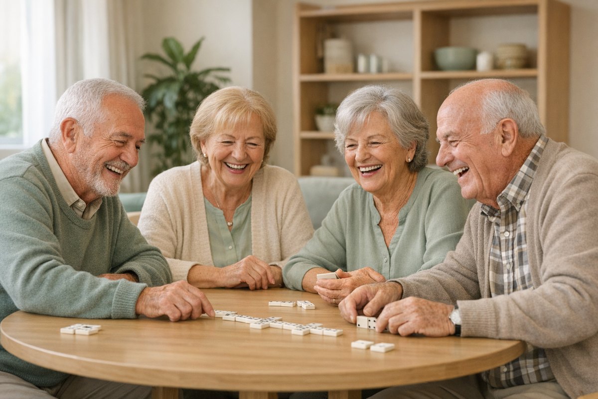 Grupo de personas mayores riendo mientras juegan al dominó