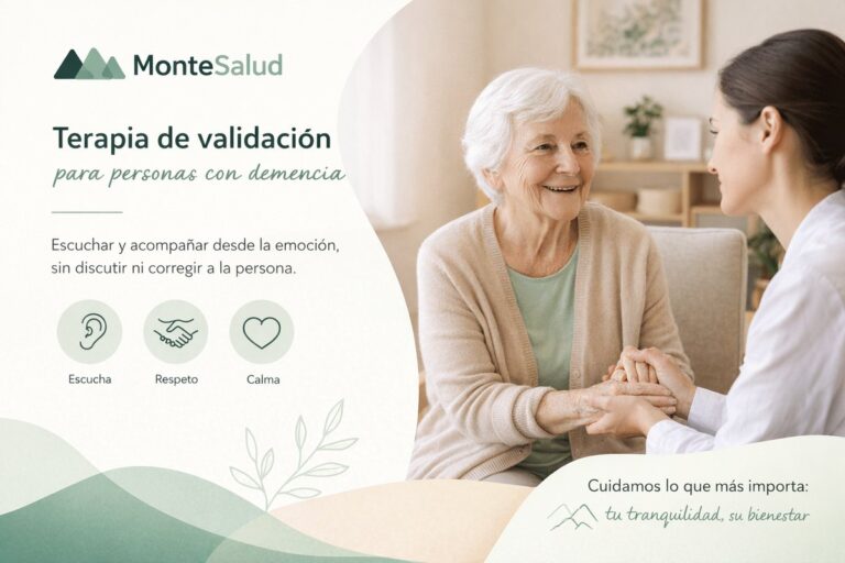 Cuidadora escuchando con atención a una mujer mayor con demencia, cogiéndole las manos