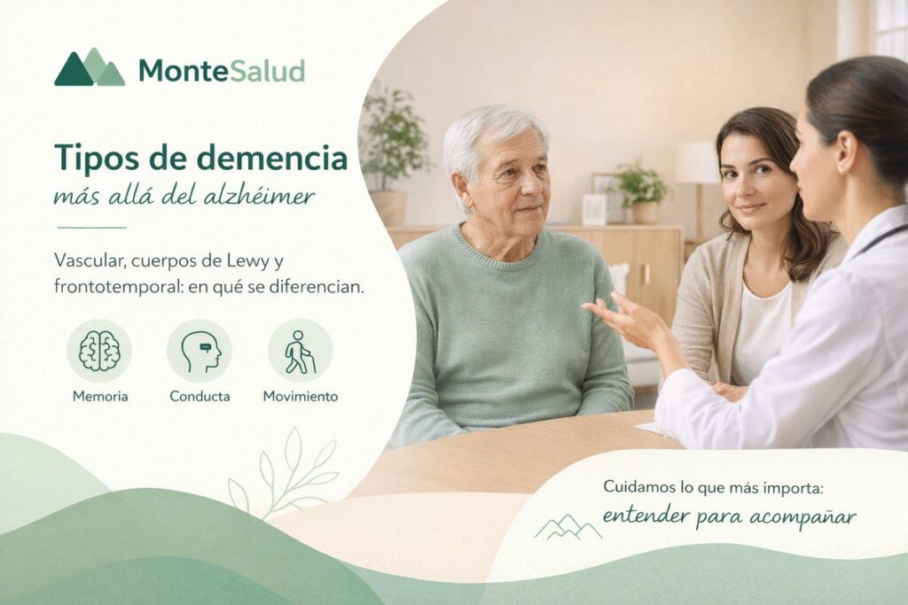 Médica explicando a un hombre mayor y a su hija los distintos tipos de demencia