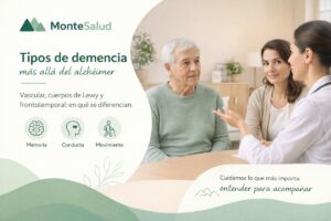 Médica explicando a un hombre mayor y a su hija los distintos tipos de demencia